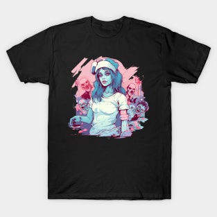 Weary Long-Haired Nurse Amid Sinister Spirits T-Shirt